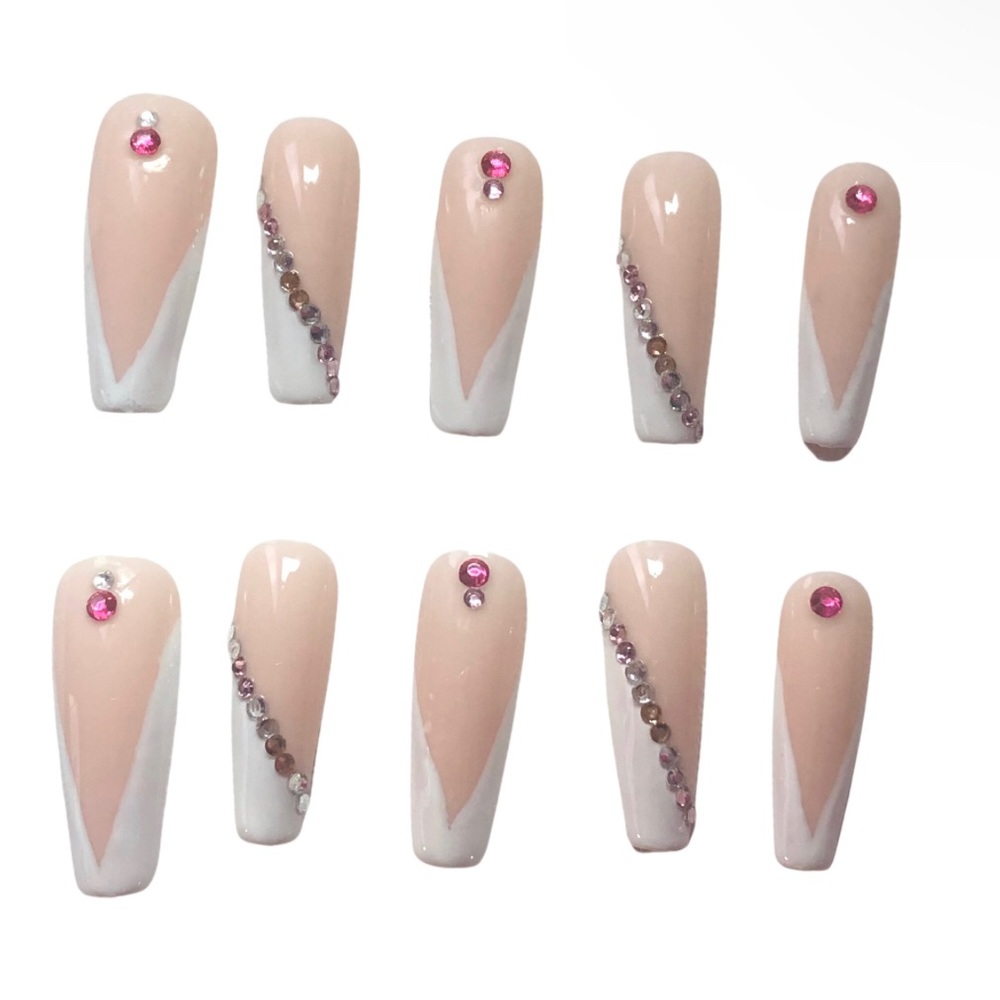 Medium press on nails french tip rhinestone handmade
